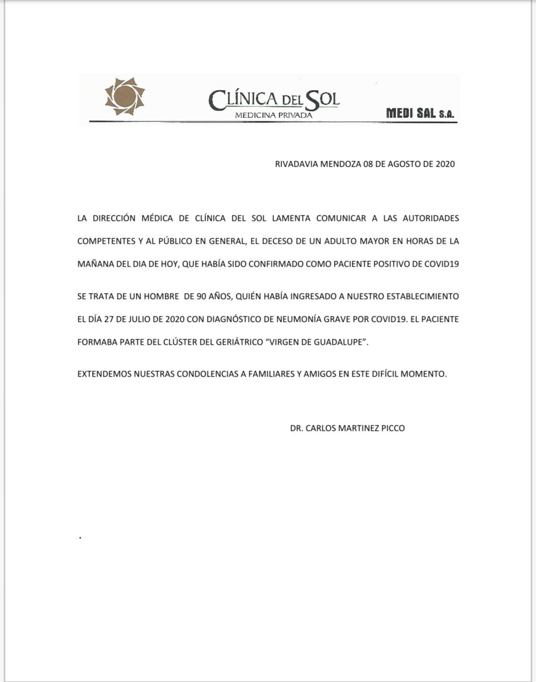 Con un comunicado, una clínica de Rivadavia informó el fallecimiento por coronavirus de un paciente de 90 años.