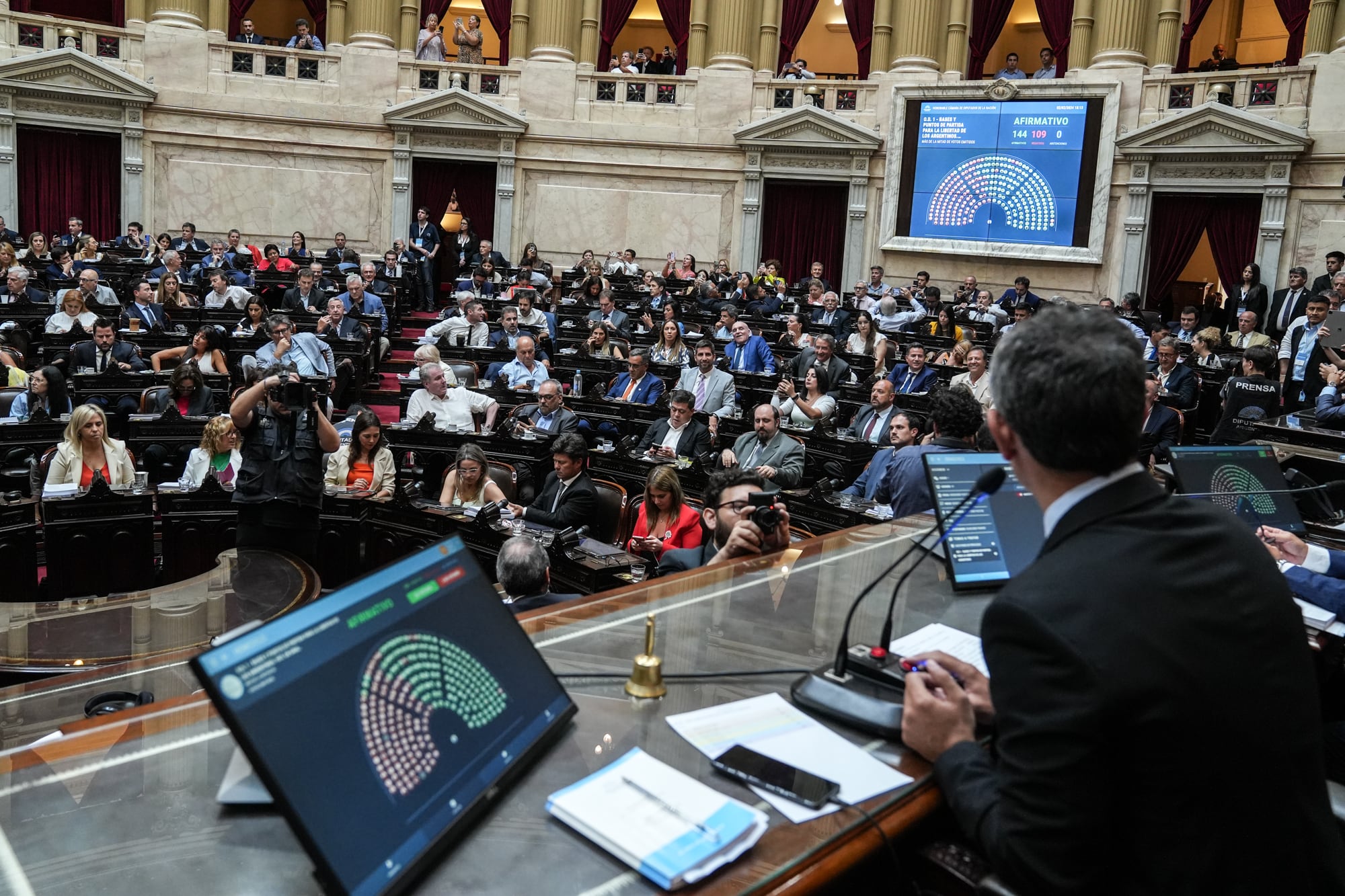 Ley Ómnibus. Con 144 votos positivos y 109 votos negativos, se aprobó en general la ley "Bases" en diputados.