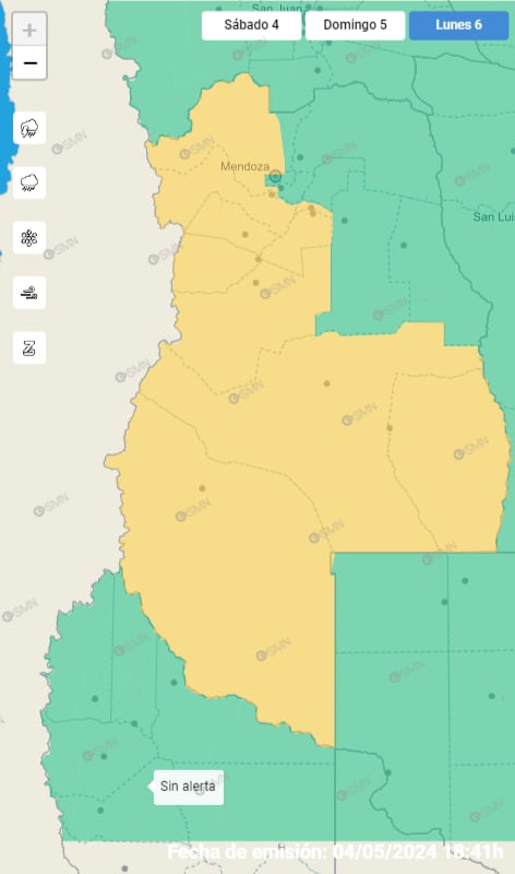 Alerta amarilla del Servicio Meteorológico Nacional para el lunes 6 de mayo.