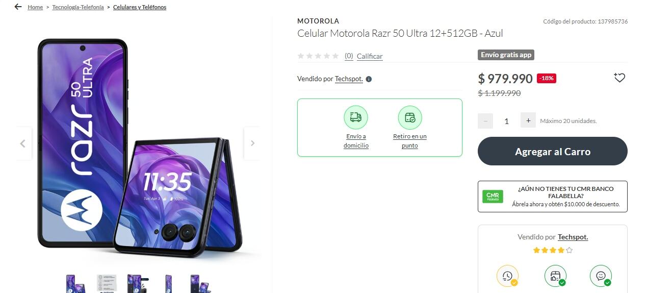 La tienda de Falabella ofrece un Motorola Razr 50 Ultra a un precio promocional de $979.990 chilenos.