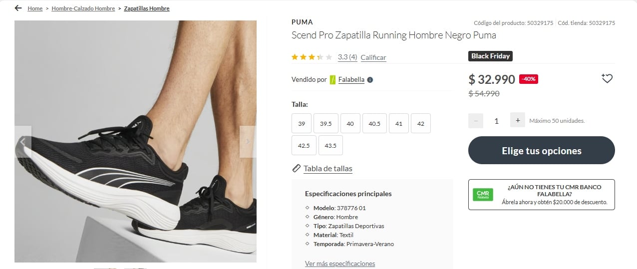 La tienda de Falabella ofrece unas zapatillas Puma Scend Pro a un precio promocional de $32.990 chilenos.