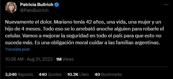 Comunicado de Patricia Bullrich tras la muerte del ingeniero. Foto Captura: X / @PatoBullrich