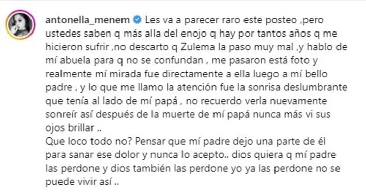 Antonella Menem publicó una foto inédita con una durísima carta abierta dedicada a su abuela Zulema Yoma.