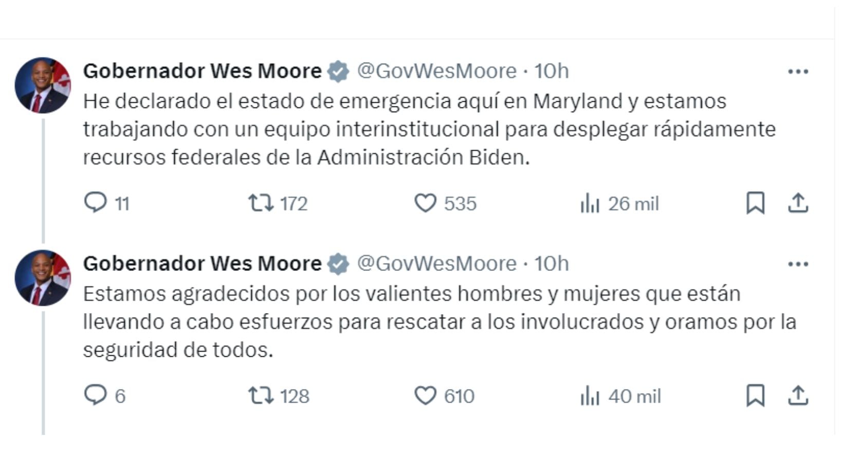 Parte del posteo del gobernador Wes Moore a través de su cuenta de X (captura)