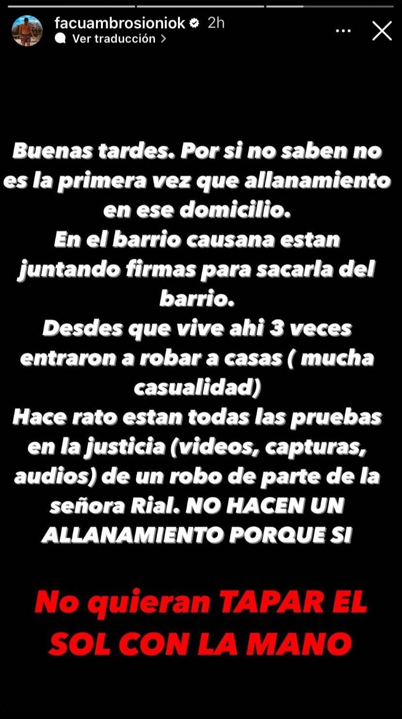 El descargo de Facundo Ambrosioni en sus redes.