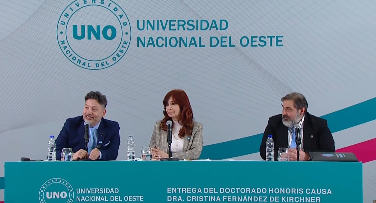 Cristina Kirchner en el acto en la Universidad Nacional del Oeste este viernes. (Captura)