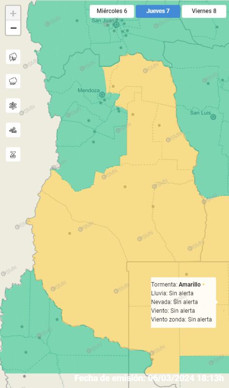 Mapa de alertas por tormentas para el jueves 7 de marzo. Foto: Servicio Meteorológico Nacional