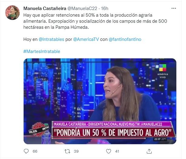 La dirigente del Nuevo Más, Manuela Castañeira, reafirmó su postura sobre expropiar a quienes tienen más de 500 hectáreas y subir al 50% las retenciones del campo.