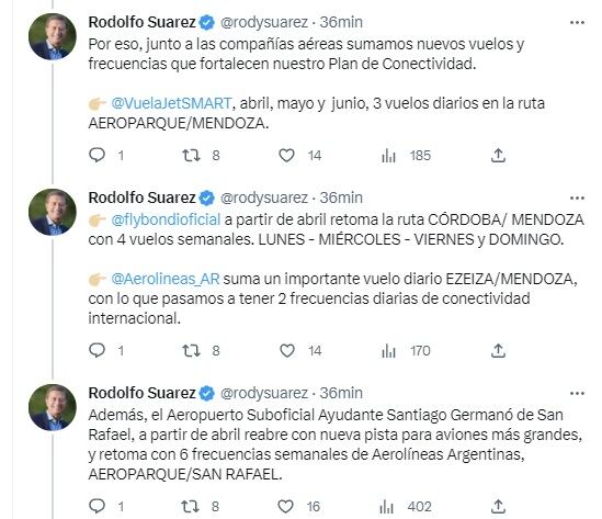 Anuncio de Rodolfo Suárez con más vuelos y reapertura de aeropuerto de San Rafael (Twitter @rodysuarez)