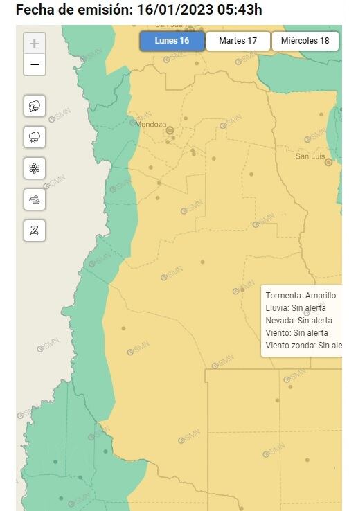 Alerta amarilla por tormentas en Mendoza (16/01/23) / SMN