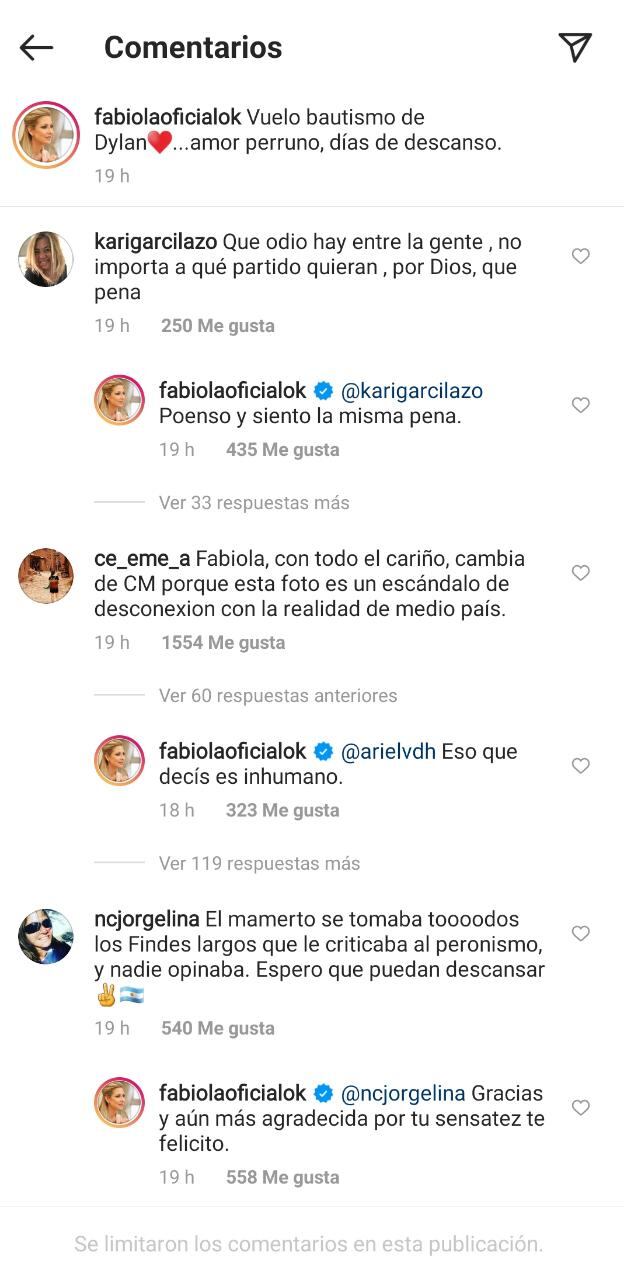 Tras las críticas, Fabiola Yáñez limitó el posteo en Instagram