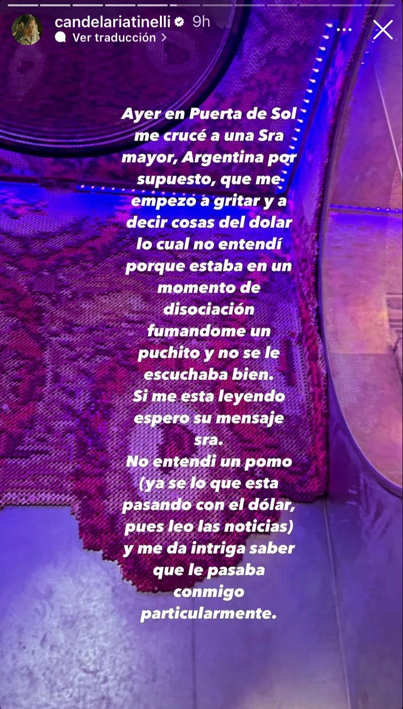 Atacaron a Cande Tinelli en España y se descargó en las redes. Captura de historias.