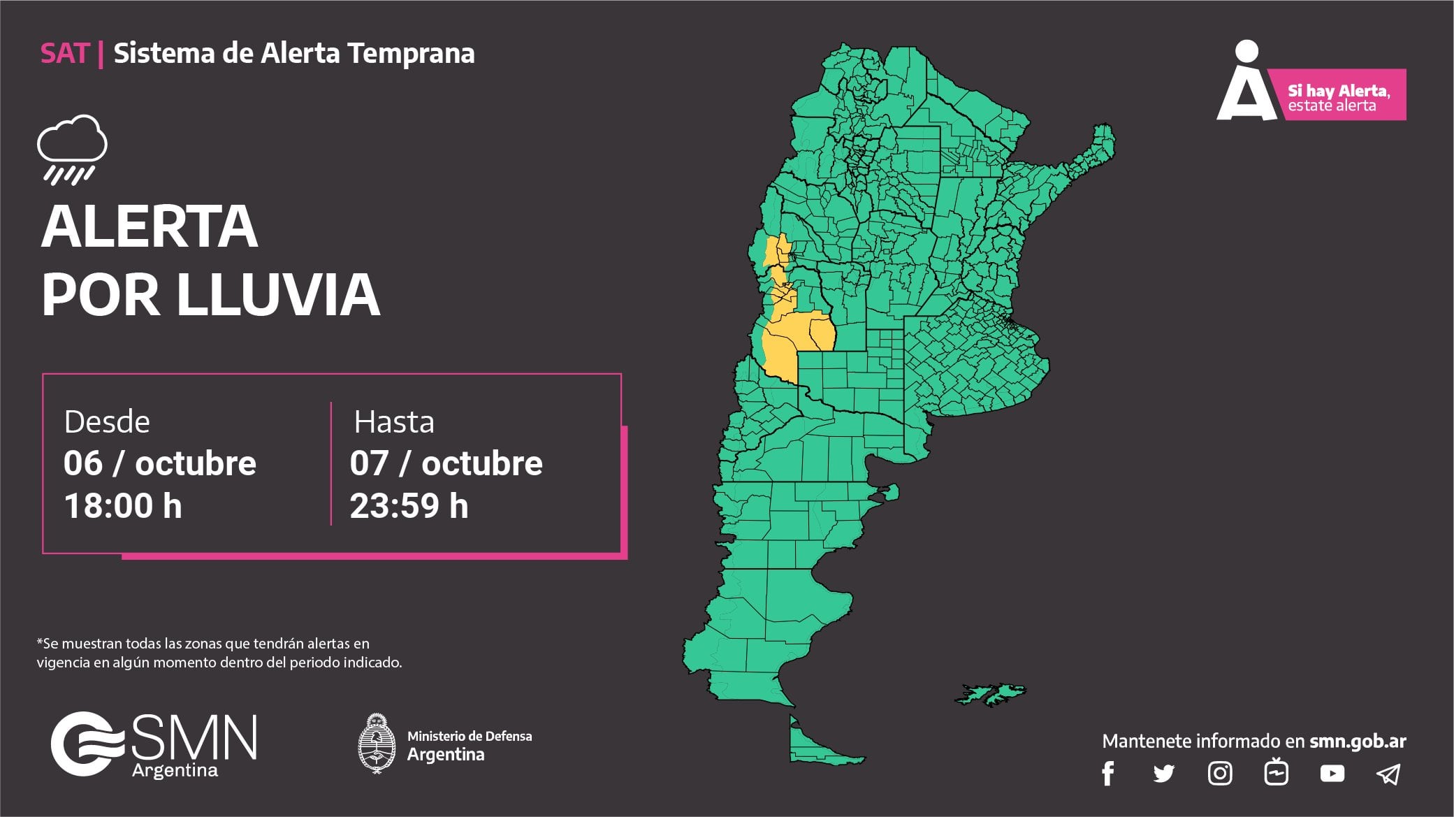 Alerta por lluvias en Mendoza. Imagen: X / @SMN_Alertas