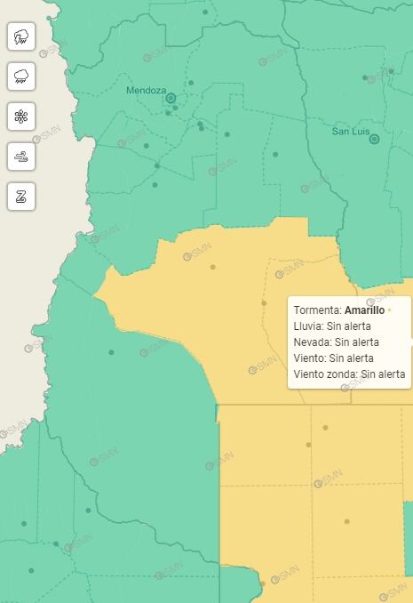 Mapa de alertas del Servicio Meteorológico Nacional por tormentas en San Rafael y General Alvear para este sábado 30 y domingo 31.