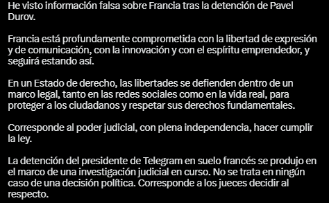 El tuit de Macron sobre la detención del fundador de Telegram.