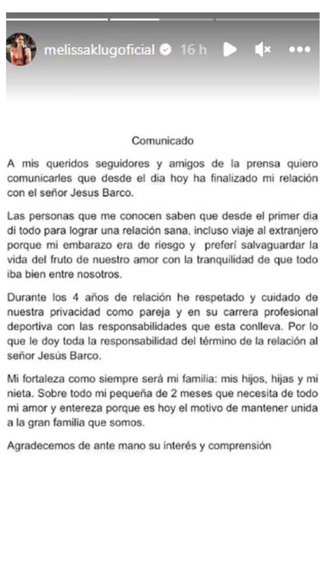 El comunicado de Melissa en sus redes sociales reconociendo su separación de Barco