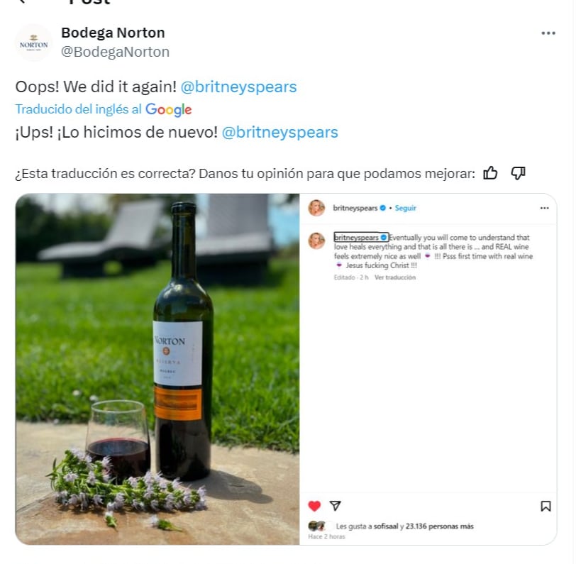 La artista estadounidense se mostró con un malbec de la provincia.