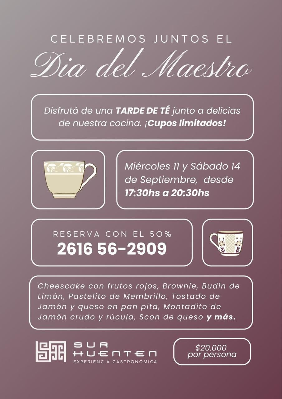 Propuestas gastronómicas para el Día del Maestro: Tarde de té en Bodega Sur Huenten.