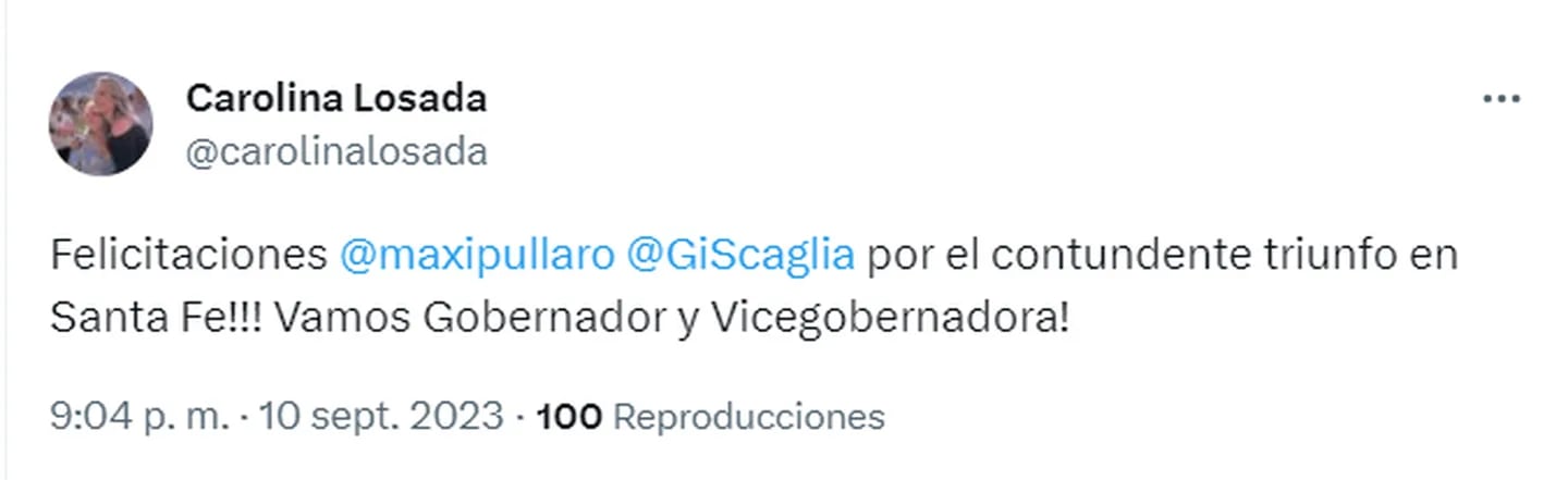 El saludo de Carolina Losada a su compañero de Juntos por el Cambio por el triunfo. Gentileza: Captura Twitter @carolinalosada.