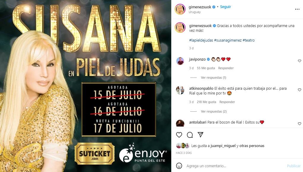 Susana Giménez agotó funciones en Uruguay