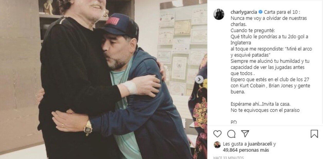 En su istagram oficial, Charly le dedicó unas palabras a Maradona.