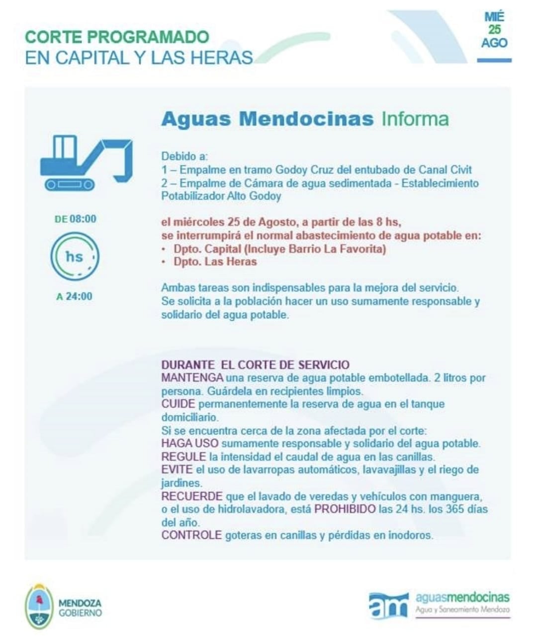 Aguas mendocinas informó sobre el corte y anuncia medidas a tener en cuenta. 