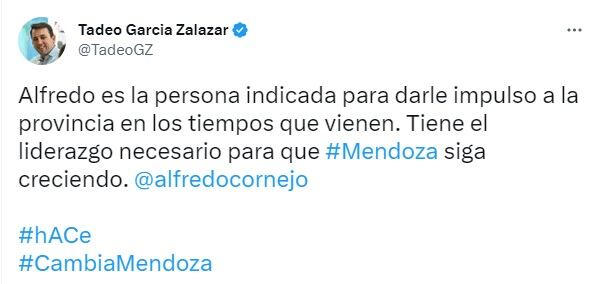 Tuit de Tadeo García Zalazar sobre candidatura de Cornejo