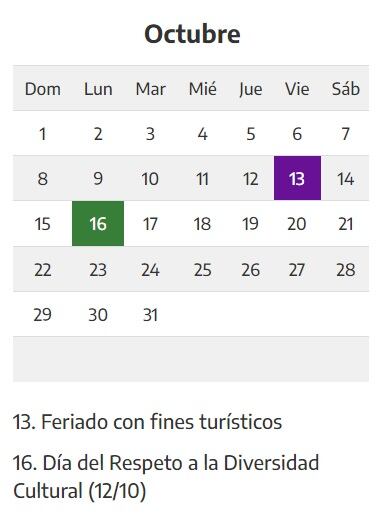 Feriados y fin de semana largo de octubre