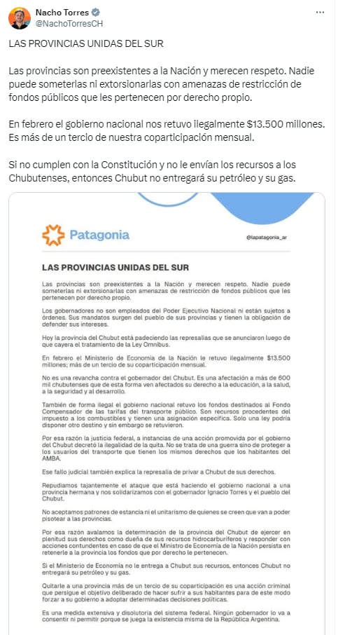 Ignacio Torres lanzó un comunicado en donde advierte que podrían dejar de enviar petróleo y gas