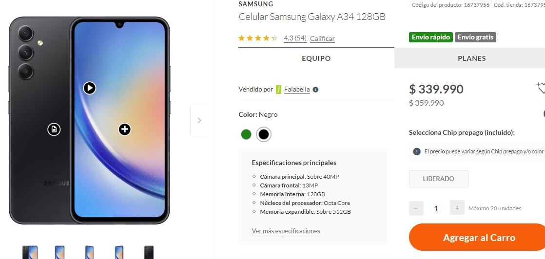 Precio Samsung A34 en Falabella (Chile)