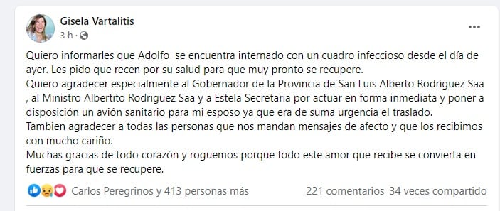 Gisela Vartalitis habló de la internación de su esposo Adolfo Rodríguez Saá (Facebook)