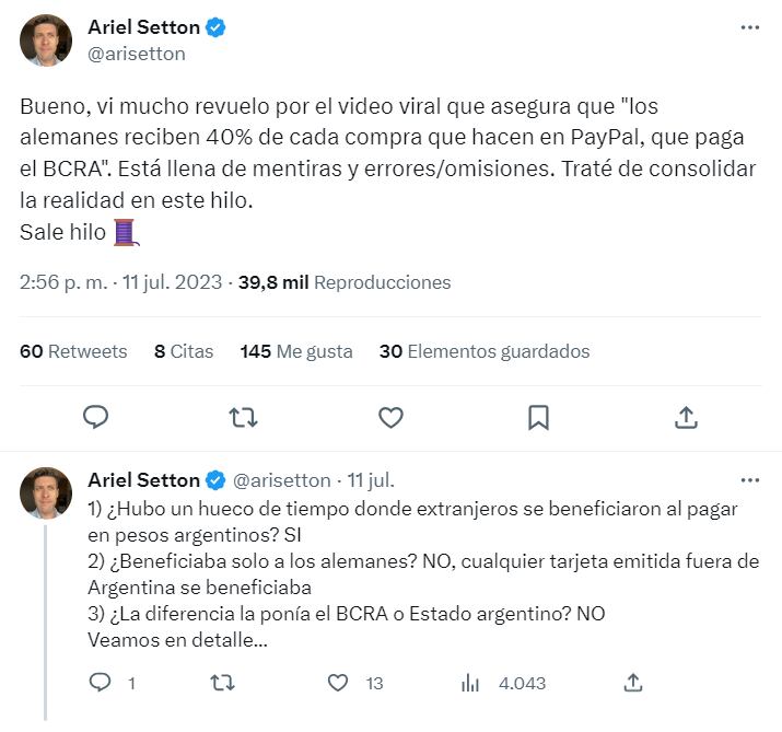 El economista Ariel Setton explicó la situación a través de sus redes sociales - Twitter