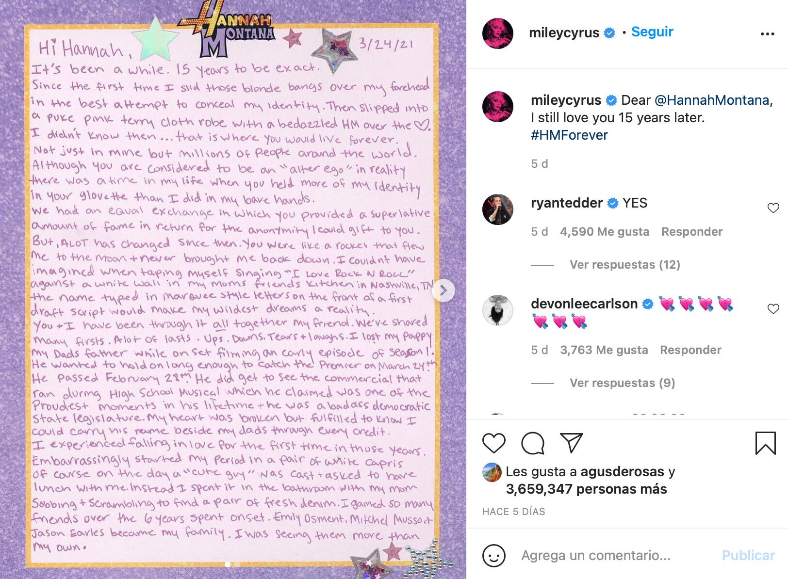 La carta es un especial recordatorio de su tiempo en Disney Channel.