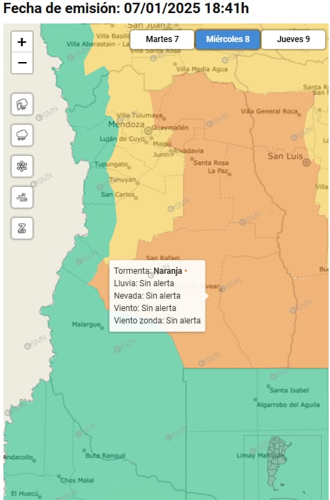 Alerta amarilla y naranja por tormentas en Mendoza.