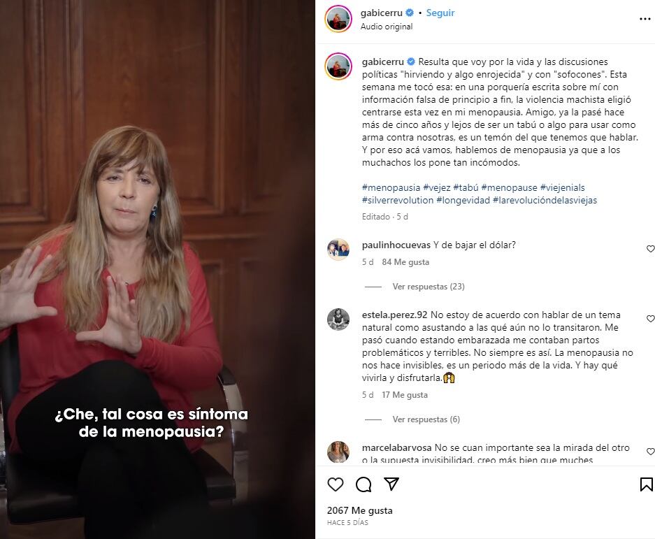 Gabriela Cerruti, preocupada por la menopausia (Captura de video / Instagram)