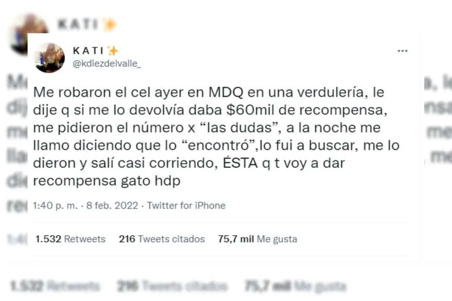 Cuando recuperó el celular, Kati realizó su descargo en Twitter y su historia se hizo viral.