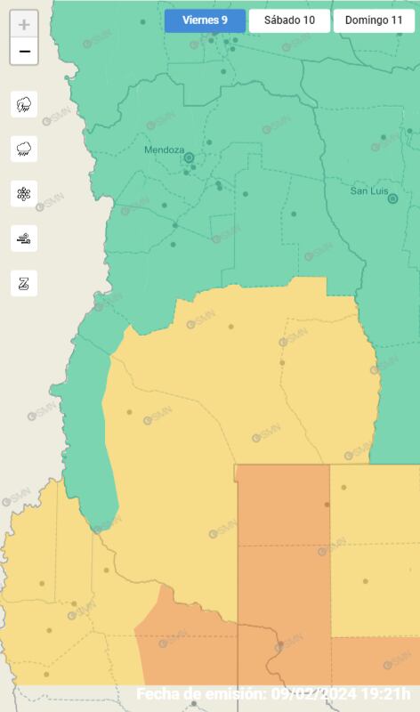 Mapa del Servicio Meteorológico Nacional sobre alertas amarillas por tormentas para el sur mendocino.