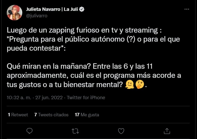 La pregunta de Julieta sobre el consumo de la tele en la mañana