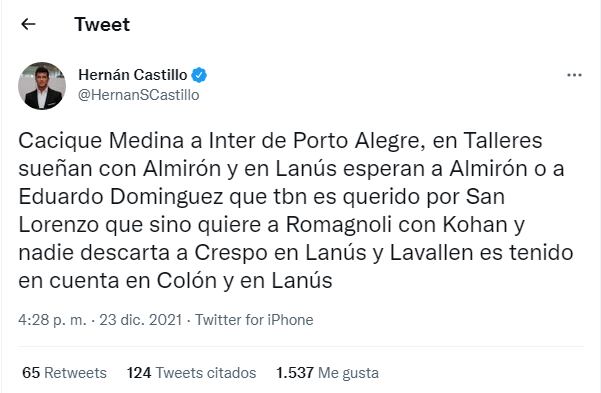 Twitter oficial del periodista Hernán Castillo. / Gentileza.