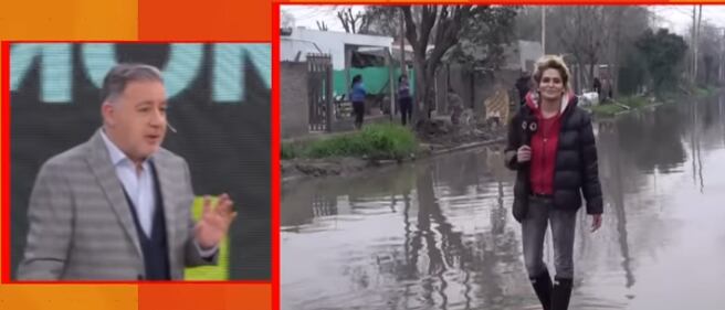 Cronista de Momento D sufrió una caída en una calle inundada en un móvil en vivo. Captura video.