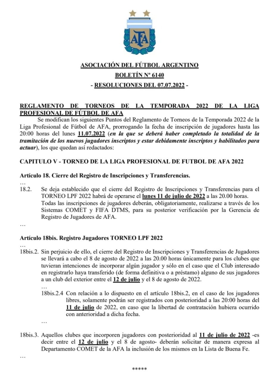 La AFA informó que todos los clubes podrán seguir incorporando jugadores hasta el 11 de junio.