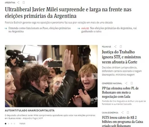 Medios internacionales reaccionaron al triunfo de Javier Milei en las elecciones PASO 2023 (Folha de Sao Paulo, Brasil)