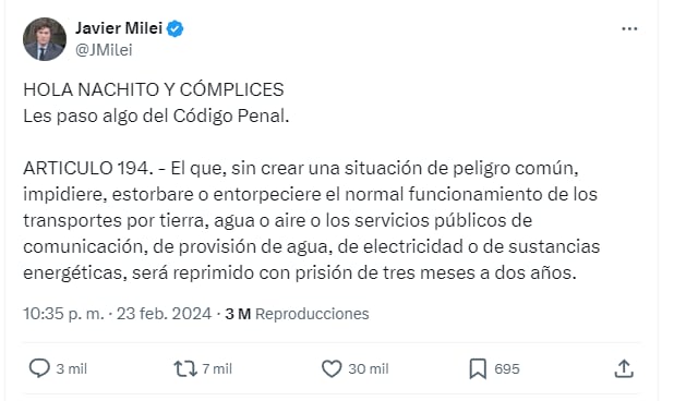 El tuit de Javier Milei dirigido para Nacho Torres