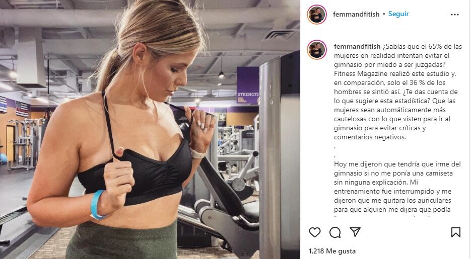 Entrenaba en su gimnasio, cuando uno de los entrenadores le pidió que se pusiera una remera porque su top "era muy corto". Ella hizo el descargo en sus redes sociales. 