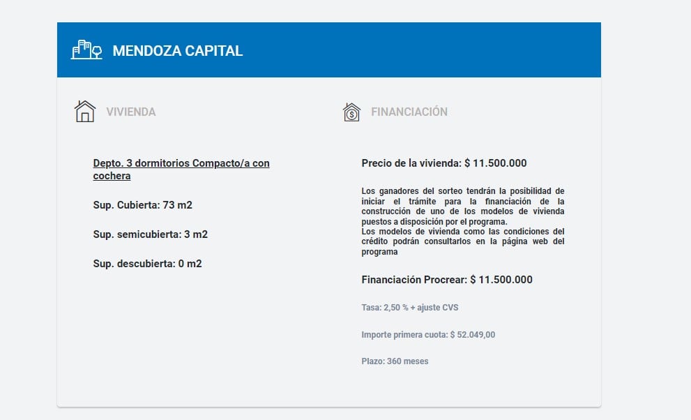 Precios de las viviendas en el Procrear de Capital, con cuotas de $45.000 o más