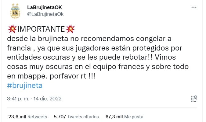 El pedido de las brujas argentinas para el partido contra Francia por la final del Mundial (Twitter)