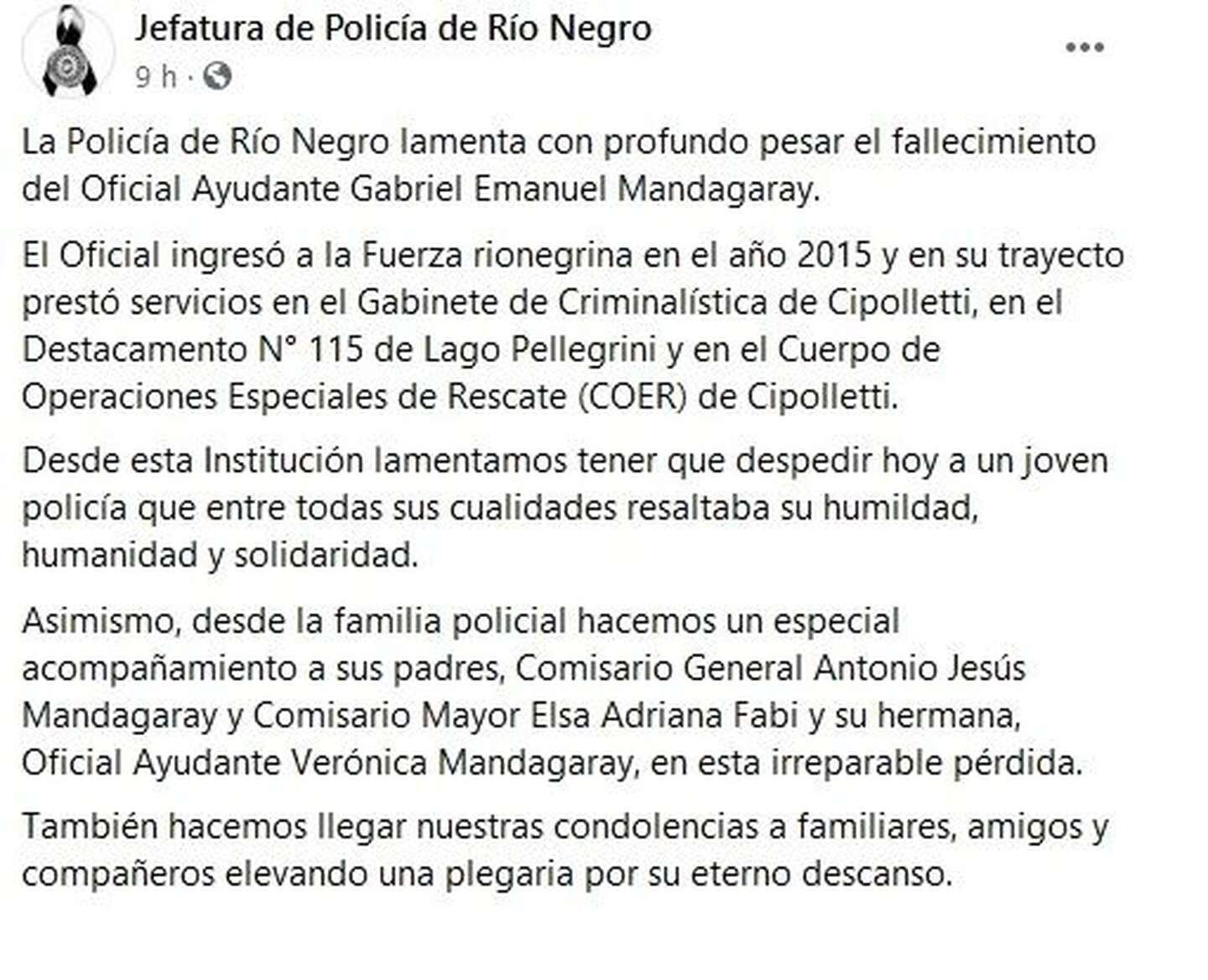 Comunicado de la Jefatura de Policía de Río Negro.