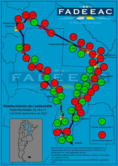 Fadeeac compartió un mapa de rutas donde hay los transportistas reportan problemas para conseguir gasoil.