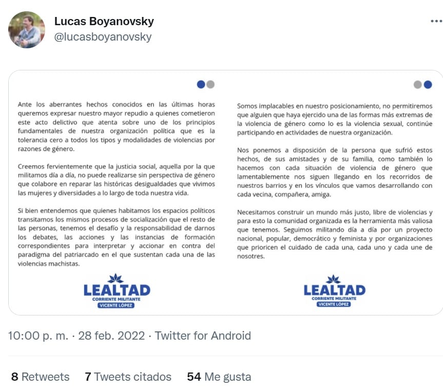 El repudio de la agrupación K donde militaban dos de los jóvenes acusados de la violación grupal ocurrida en Palermo (Twitter)