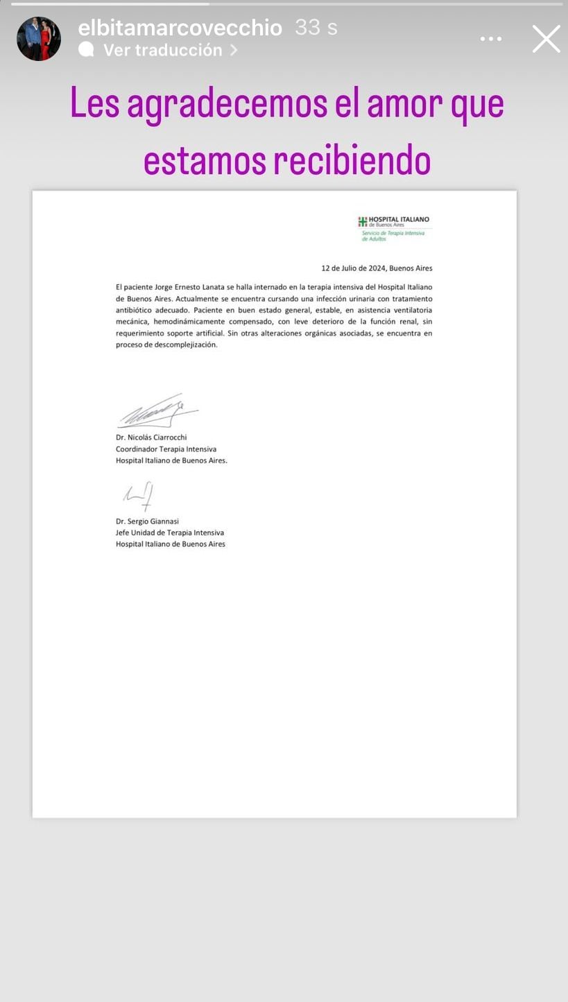 Primer parte médico oficial sobre la salud de Jorge Lanata. Captura de Instagram.